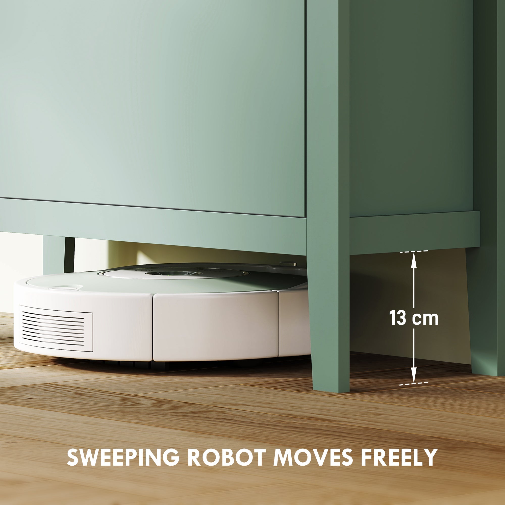 White circular robotic vacuum next to homcom modern green shoe cabinet with two flip drawers for organized storage