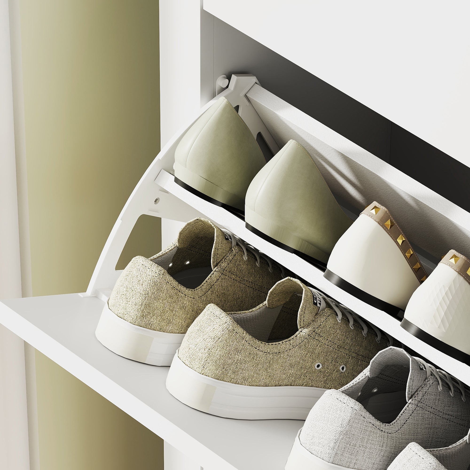 White plastic shoe rack with two flip drawers holding multiple shoes for homcom modern two drawer shoe cabinet