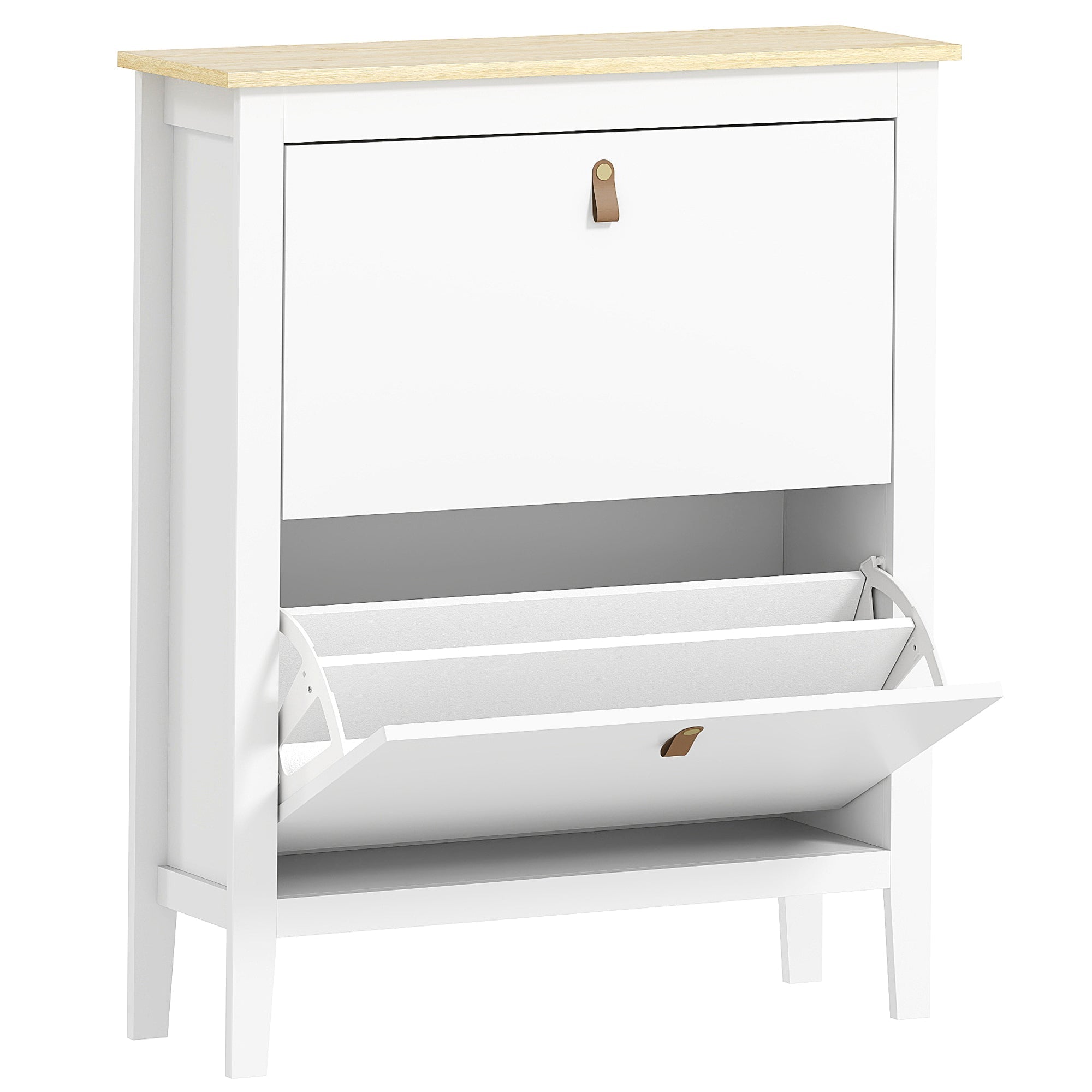 White homcom shoe cabinet with light wood top and two flip drawers featuring brown leather handles