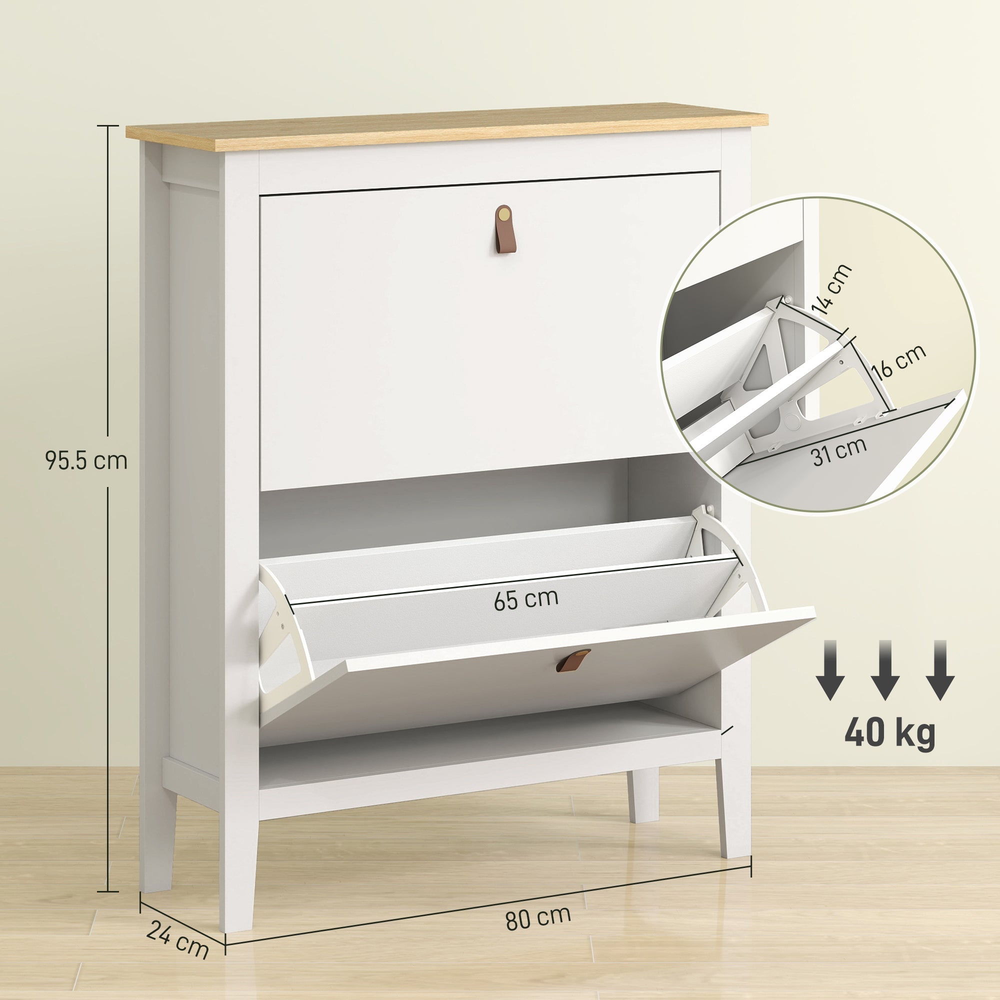 White wooden shoe cabinet with light oak top and brown leather pull handles featuring two flip drawers