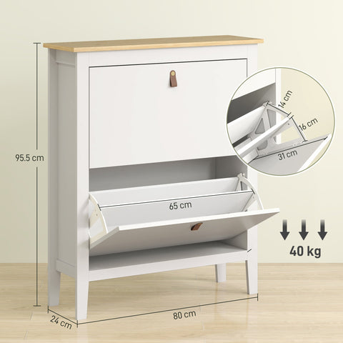 White wooden shoe cabinet with light oak top and brown leather pull handles featuring two flip drawers