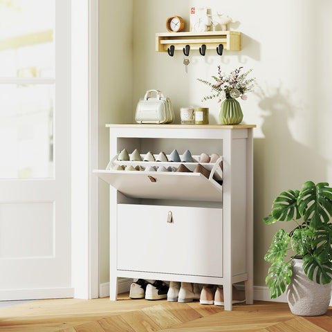 White wooden shoe cabinet with two flip drawers and light wood top by HOMCOM for stylish storage