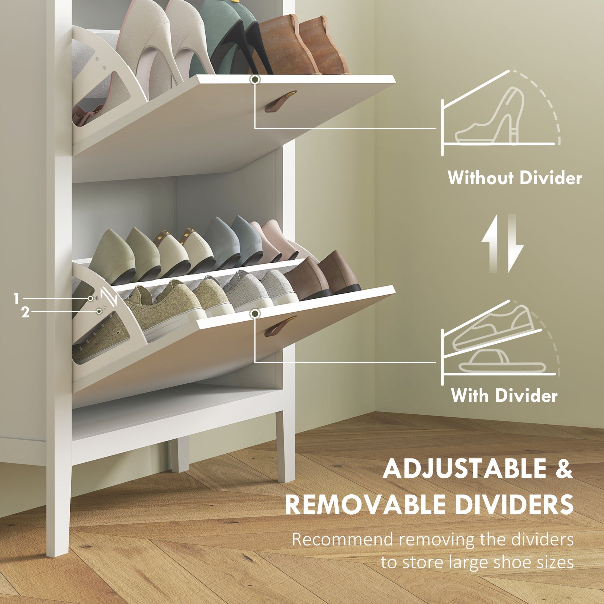 White wooden shoe cabinet with two flip drawers and adjustable dividers for organizing various shoe sizes
