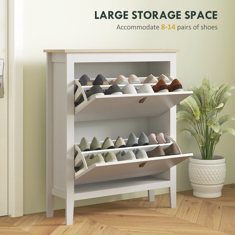 White wooden shoe cabinet with two flip drawers and pull-out shelves for modern storage by homcom