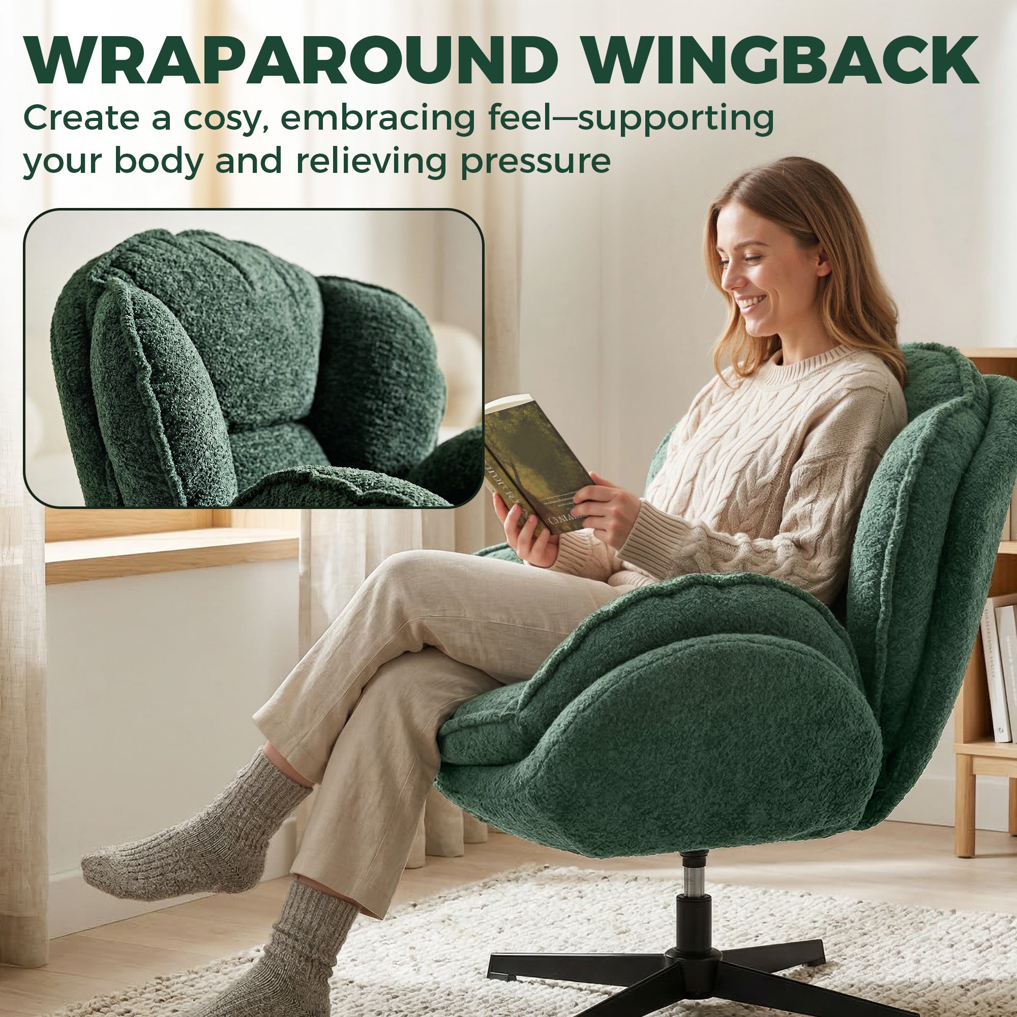 Deep green velvet accent chair with plush enveloping wingback design and four-star swivel base for cozy support