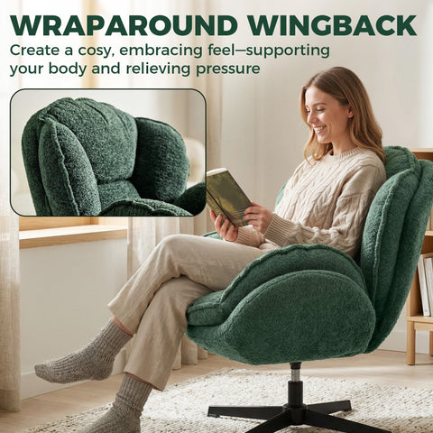 Deep green velvet accent chair with plush enveloping wingback design and four-star swivel base for cozy support