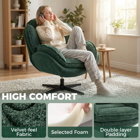 Deep green velvet accent chair with plush cushioned enveloping wingback design and black swivel four-star base