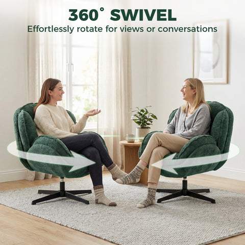 Deep green velvet accent chair with enveloping wingback design and swivel black five-point base for modern comfort