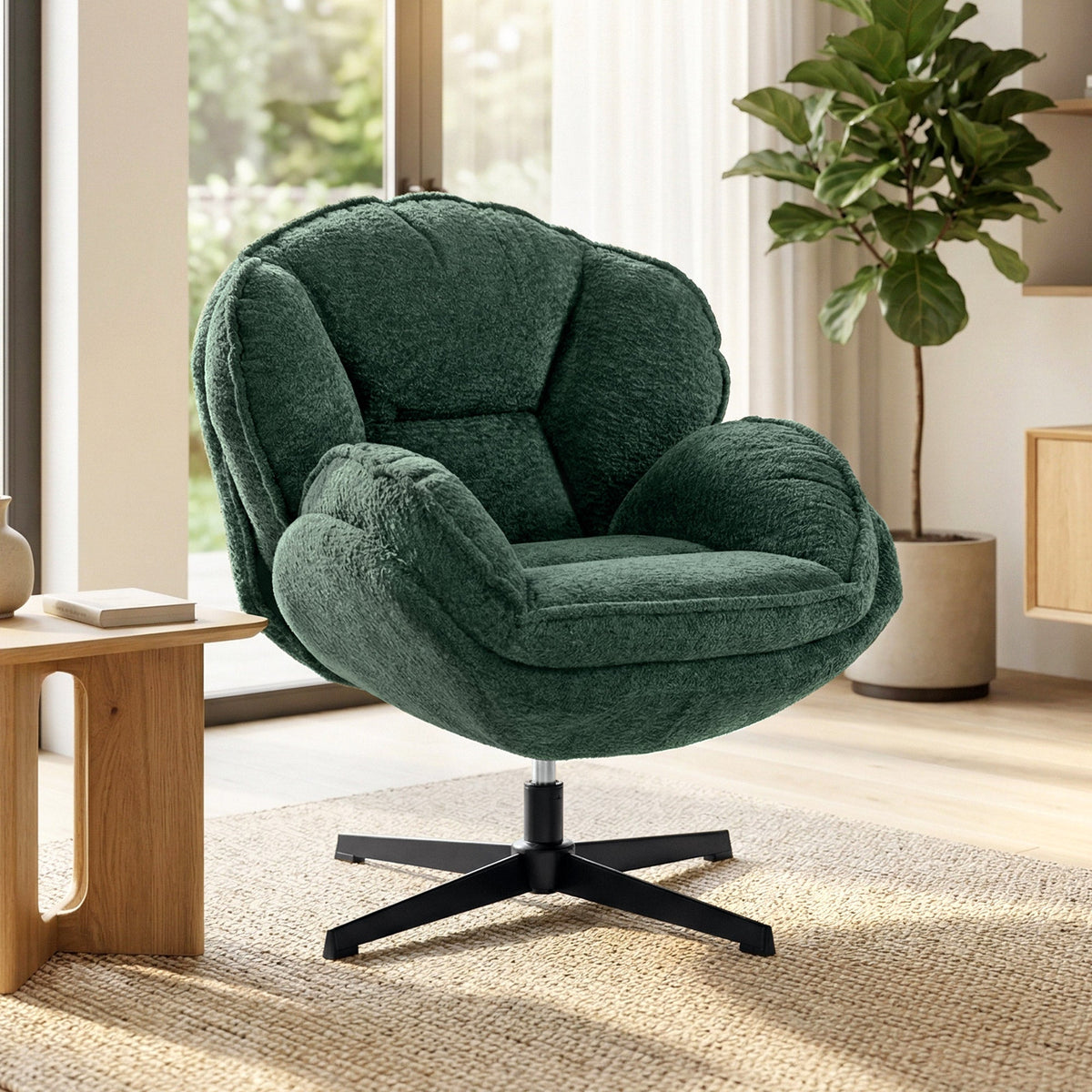 Plush emerald green velvet accent chair with enveloping wingback design and black four-star swivel base by homcom