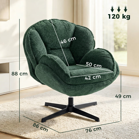 Dark green plush accent chair with enveloping wingback design and black metal swivel base by HOMCOM