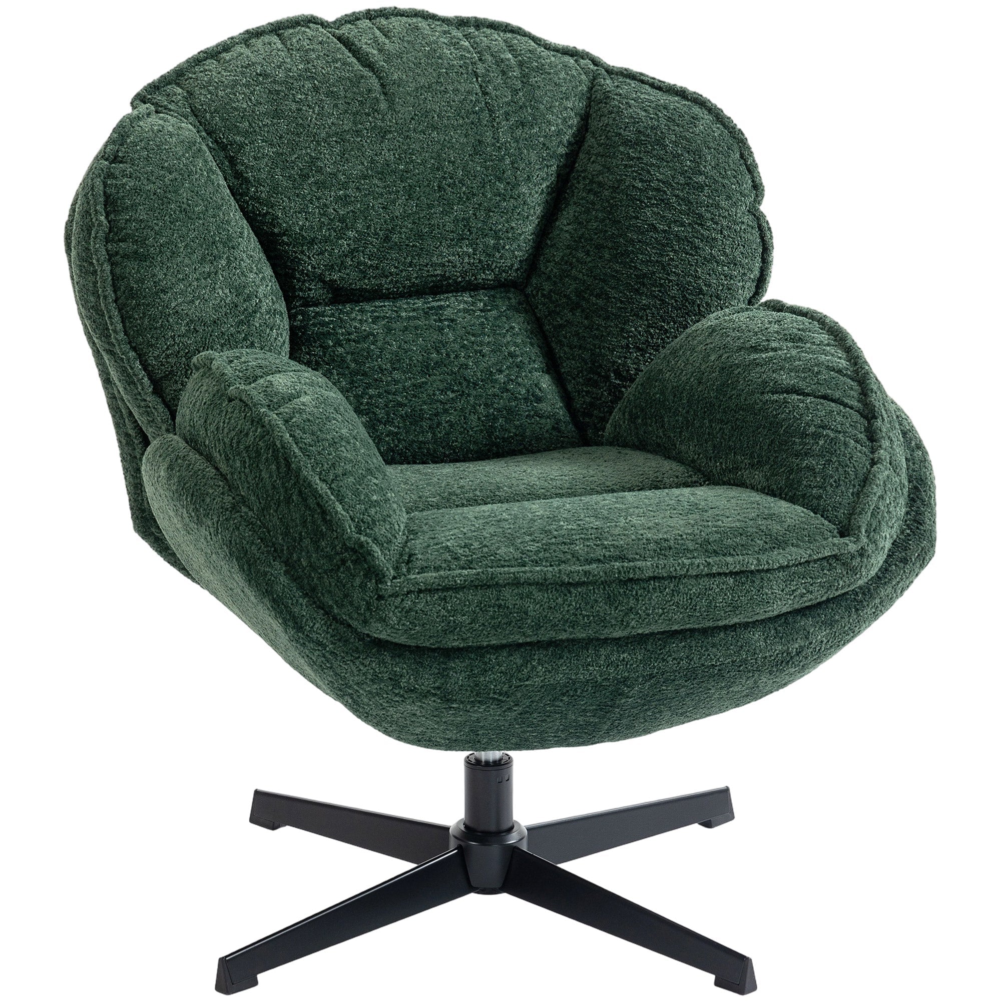 Deep green velvet accent chair with enveloping wingback design and black metal swivel base by homcom