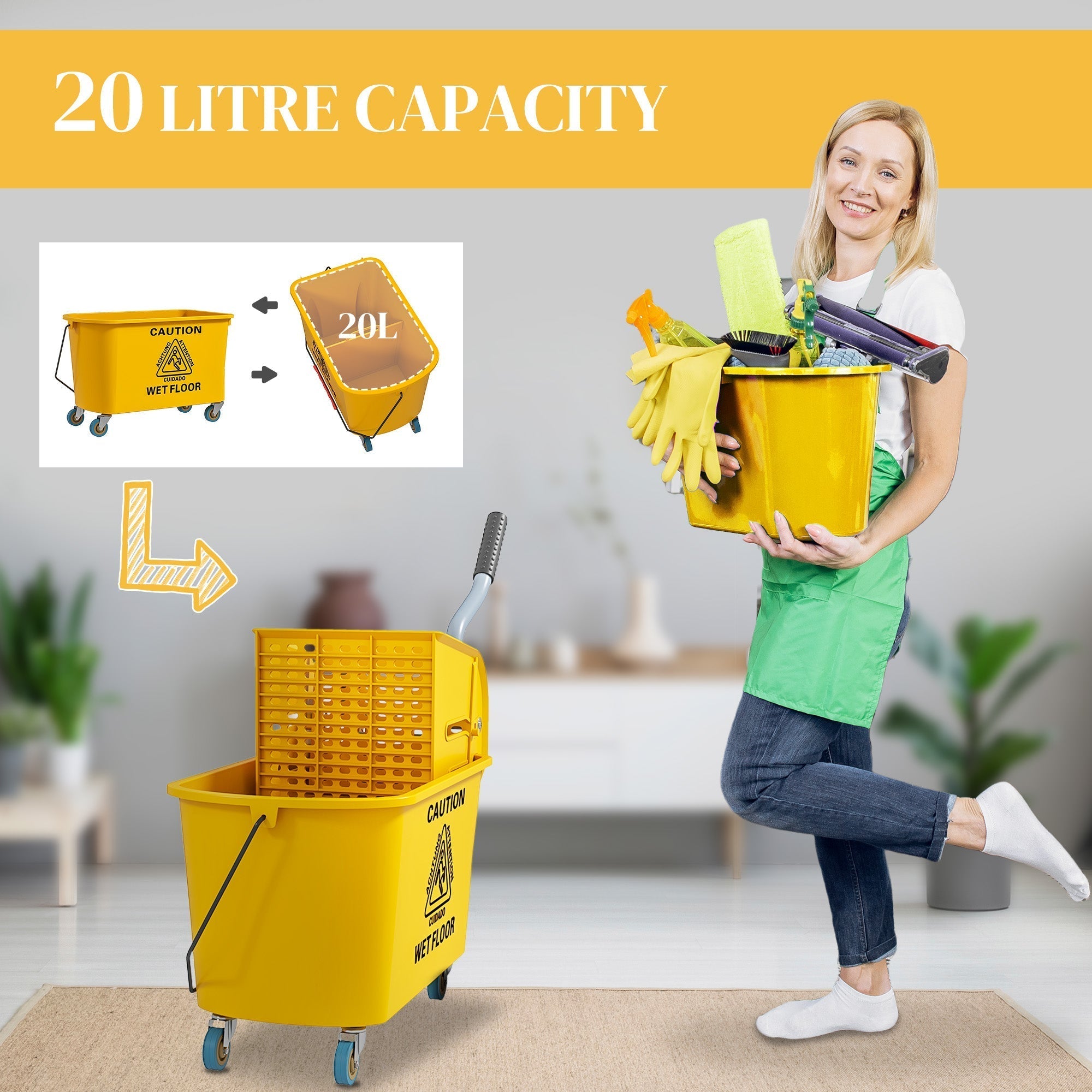 Yellow homcom mop bucket with 20 litre capacity press wringer wheels and detachable grid for easy floor cleaning