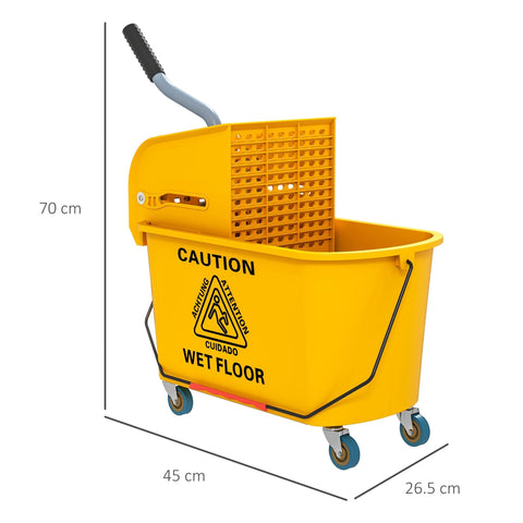 Yellow homcom mop bucket with press wringer and blue wheels for easy floor cleaning and 20 litre capacity