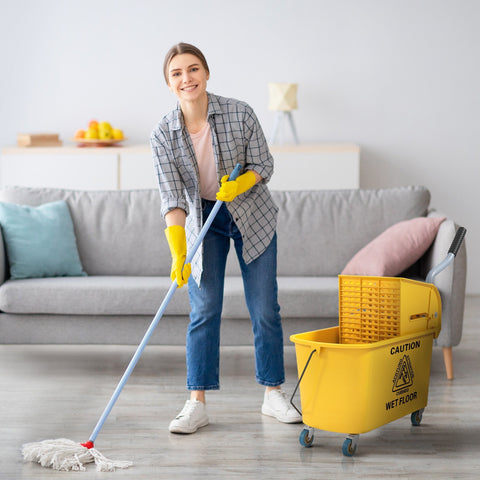 Yellow homcom mop bucket with press wringer on wheels and caution wet floor label for easy floor cleaning