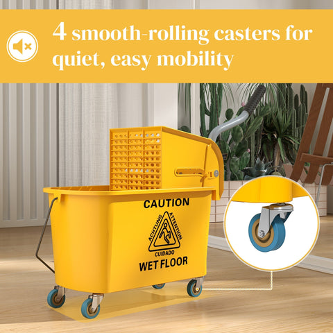 Bright yellow homcom mop bucket with press wringer on wheels for easy floor cleaning and 20 litre capacity