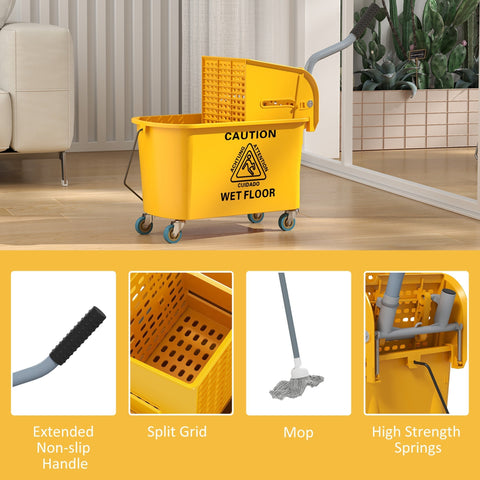 Bright yellow homcom mop bucket with press wringer and caution label on wheels for easy floor cleaning use