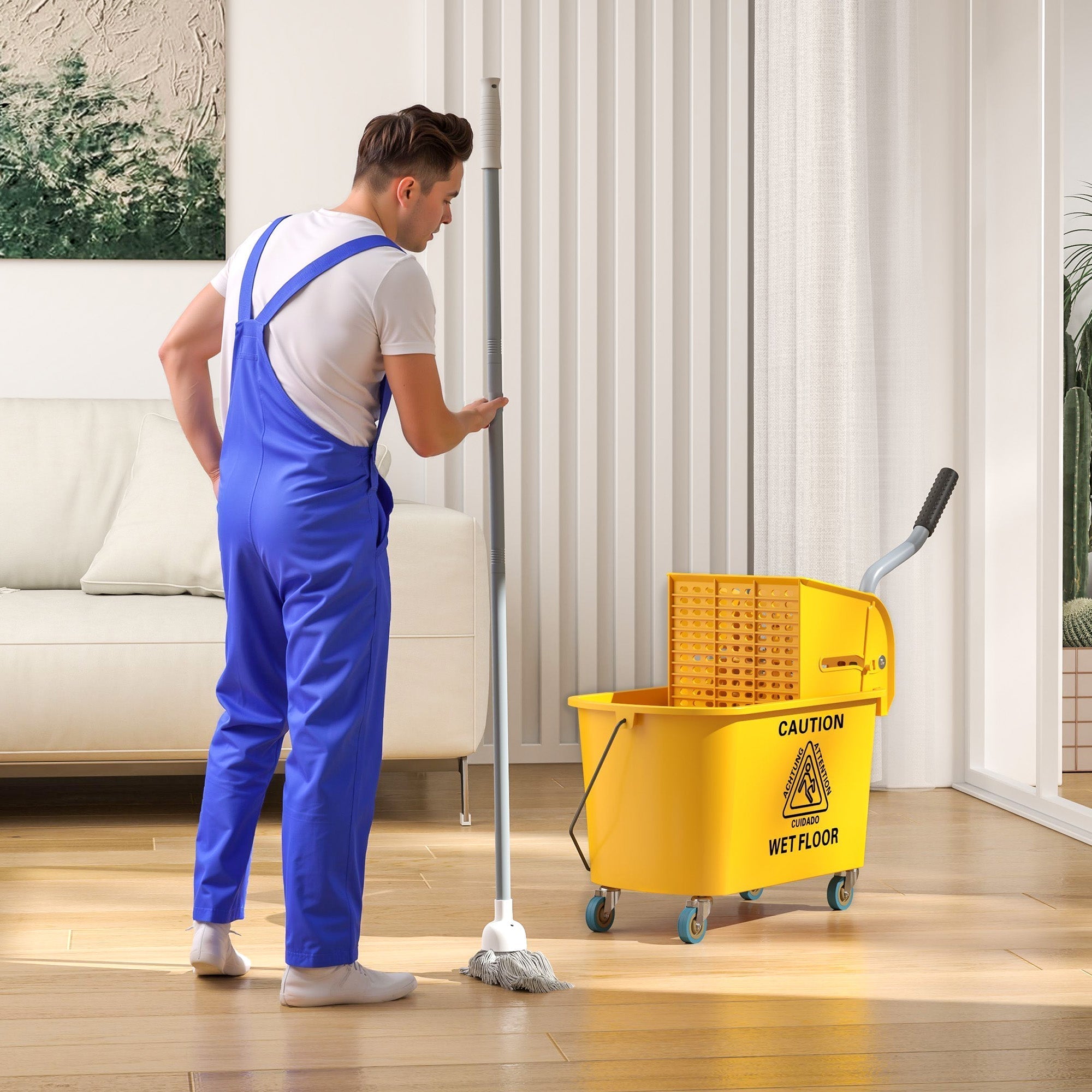 Yellow homcom mop bucket with press wringer on wheels and caution wet floor label for easy floor cleaning