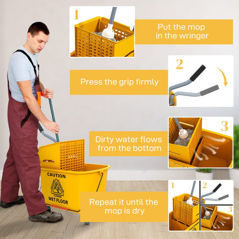 Yellow homcom mop bucket with press wringer on wheels and caution label perfect for floor cleaning tasks