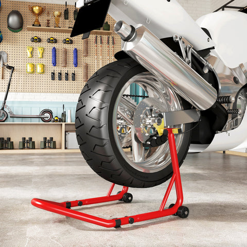 Red homcom motorcycle rear wheel stand with l-shaped fork heads and thickened steel tubes for heavy-duty lifting