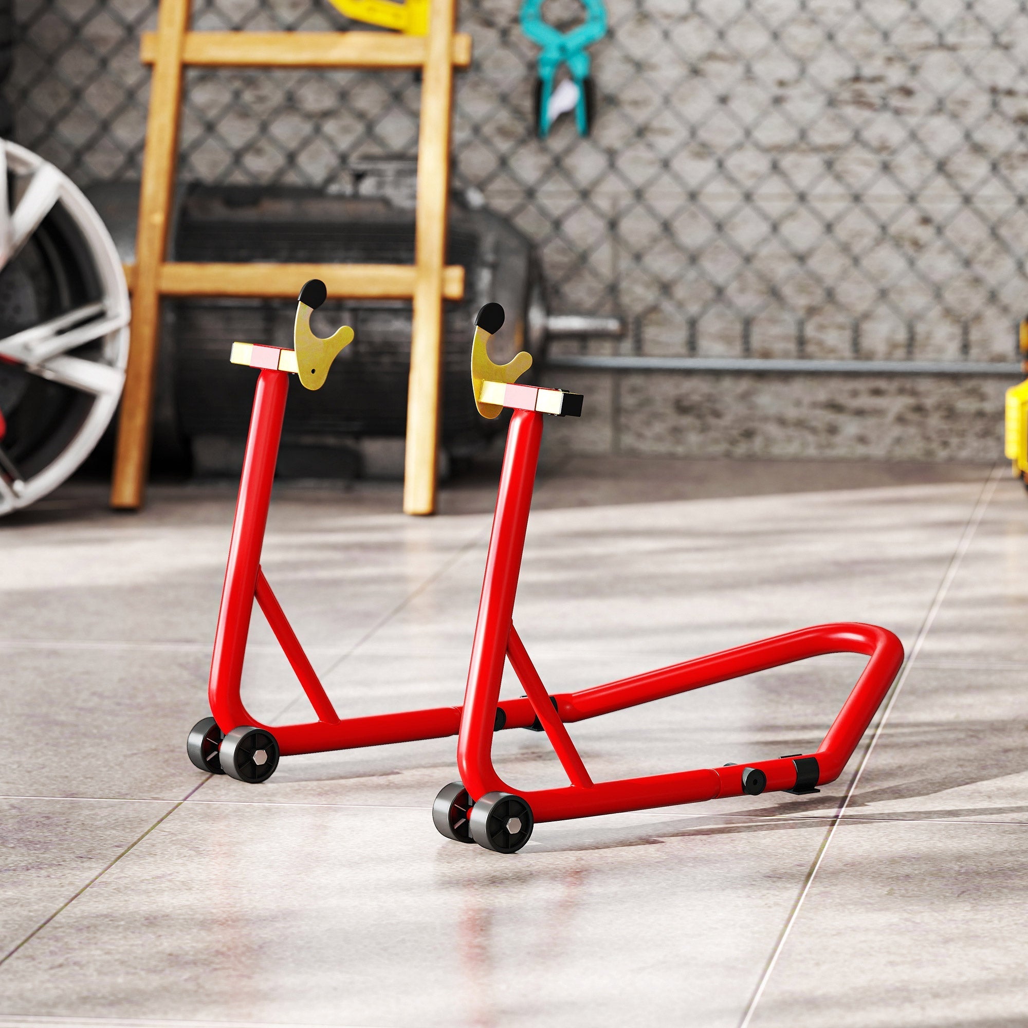 Red metal homcom motorcycle rear wheel stand with l-shaped fork heads thickened steel tubes and yellow clamps