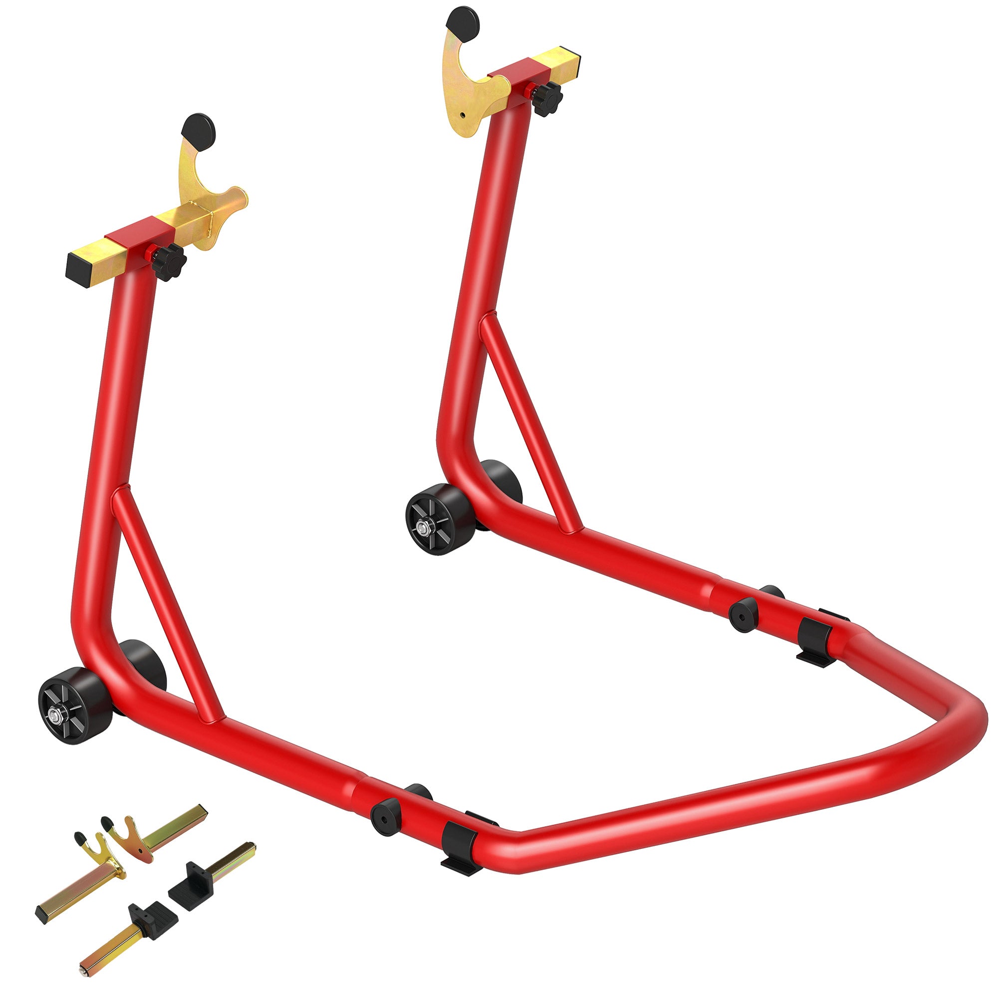 Red homcom motorcycle rear wheel stand with thickened steel tubes l-shaped fork heads and gold clamps for garage repair