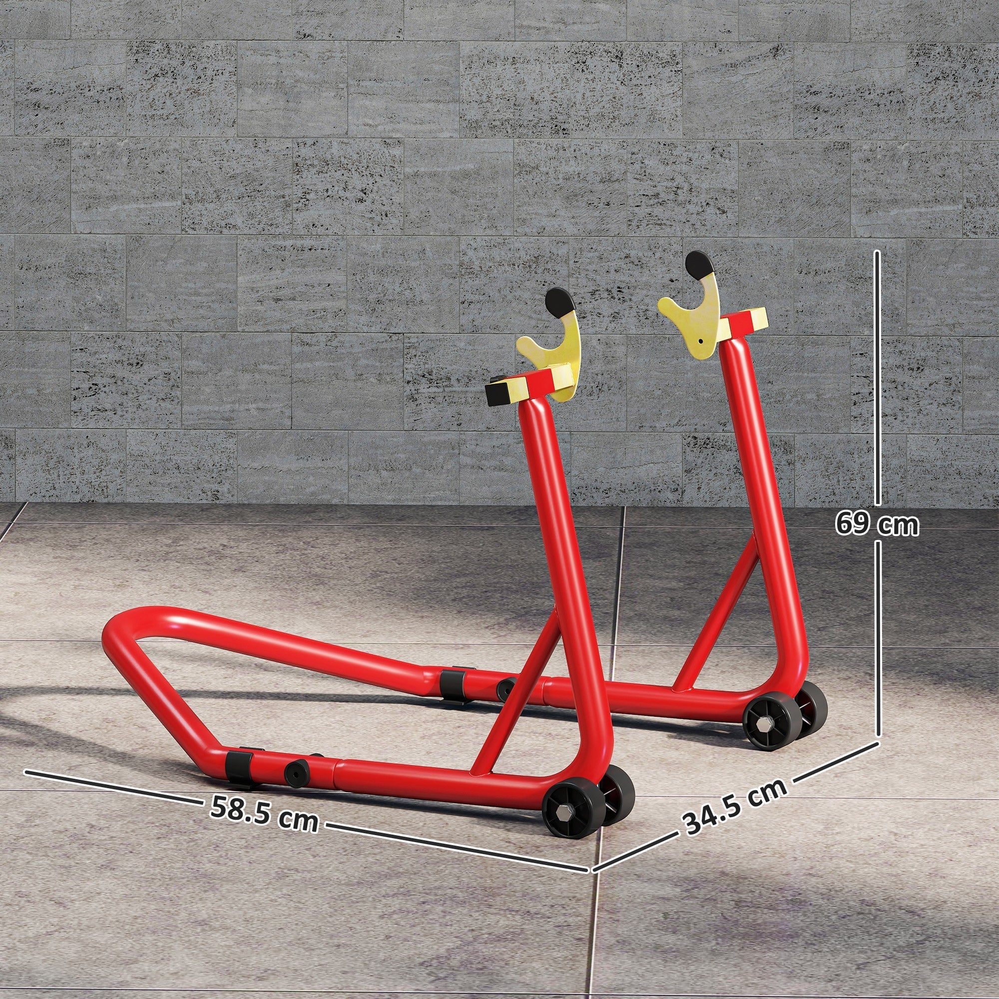 Red homcom motorcycle rear wheel stand with l-shaped fork heads thickened steel tubes and wheels for easy mobility