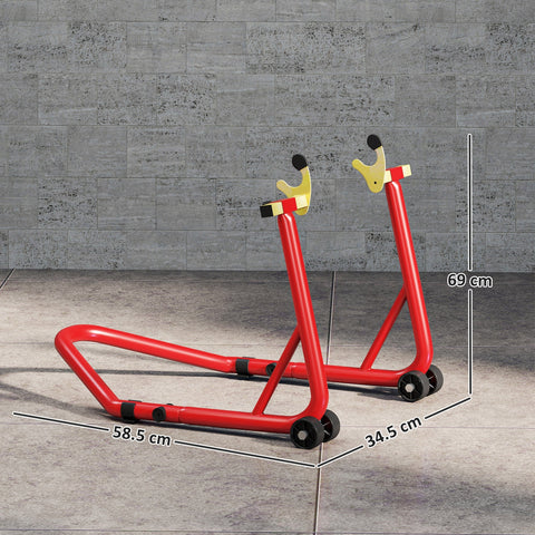Red homcom motorcycle rear wheel stand with l-shaped fork heads thickened steel tubes and wheels for easy mobility