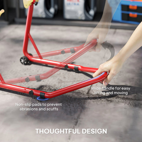 Red homcom motorcycle rear wheel stand with thickened steel tubes l-shaped fork heads and non-slip pads for garage use