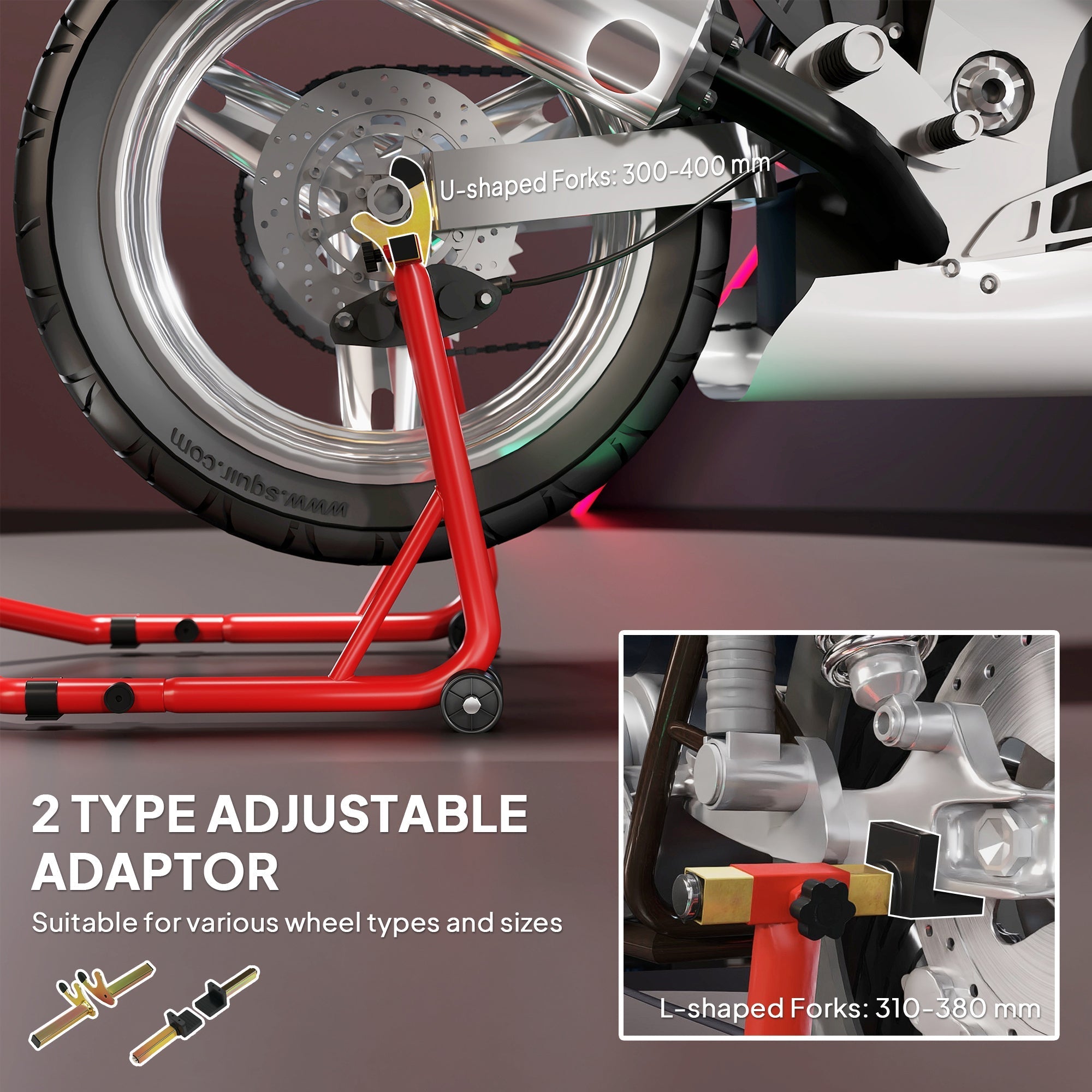 Red homcom motorcycle rear wheel stand with adjustable l-shaped fork heads and thickened steel tubes for heavy duty use