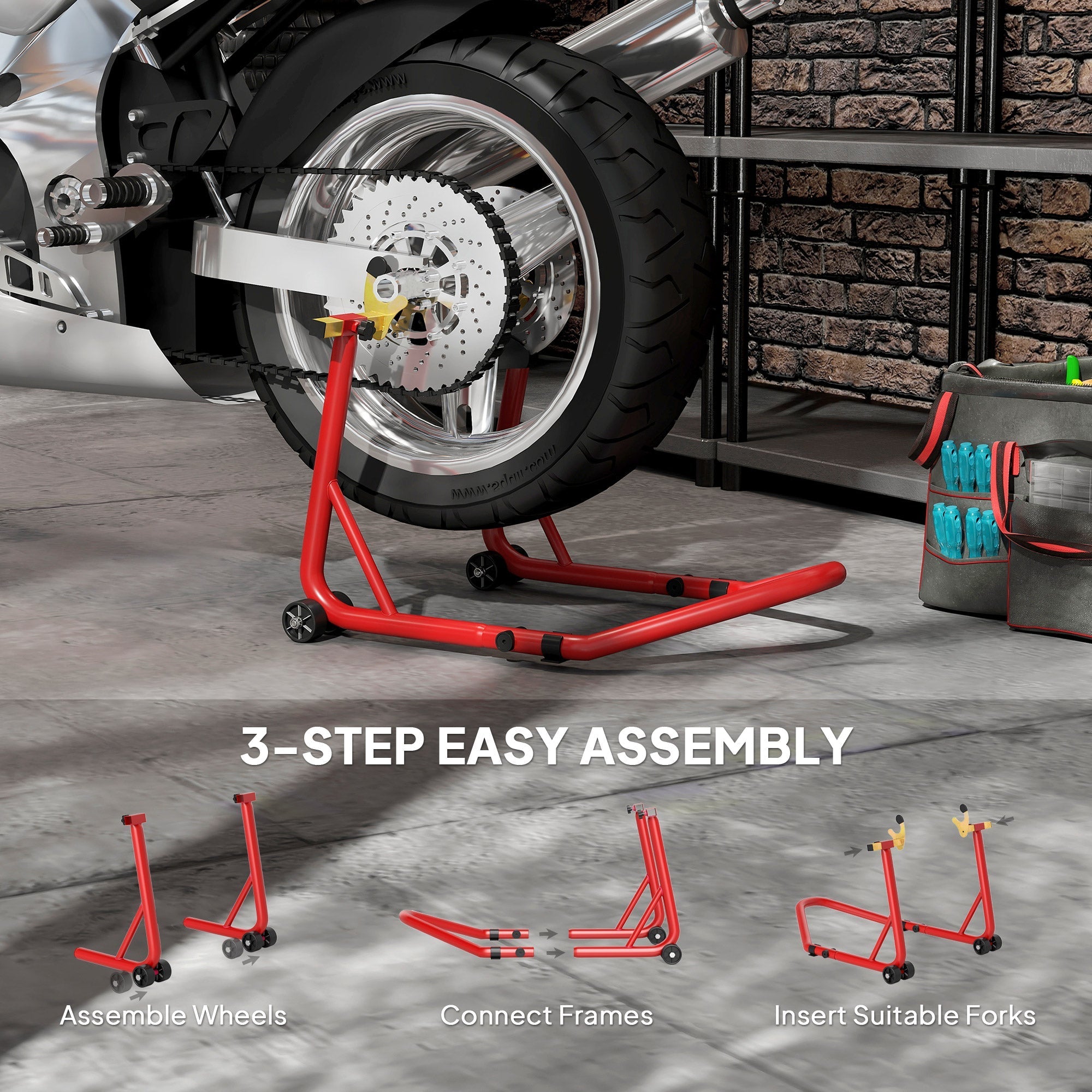 Red homcom motorcycle rear wheel stand with thickened steel tubes and l-shaped fork heads for heavy duty lifting