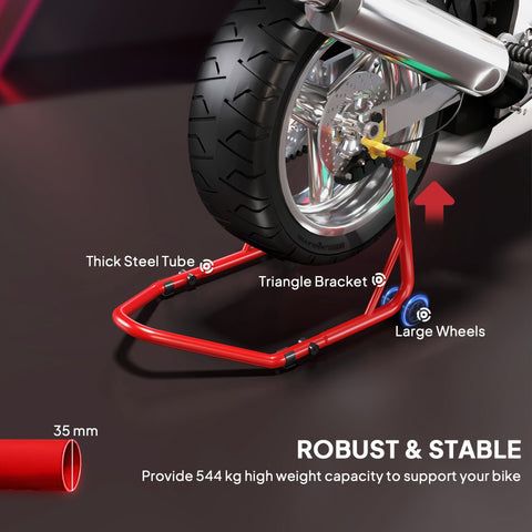 Red homcom motorcycle rear wheel stand with thickened steel tubes l-shaped fork heads and large wheels for garage repair
