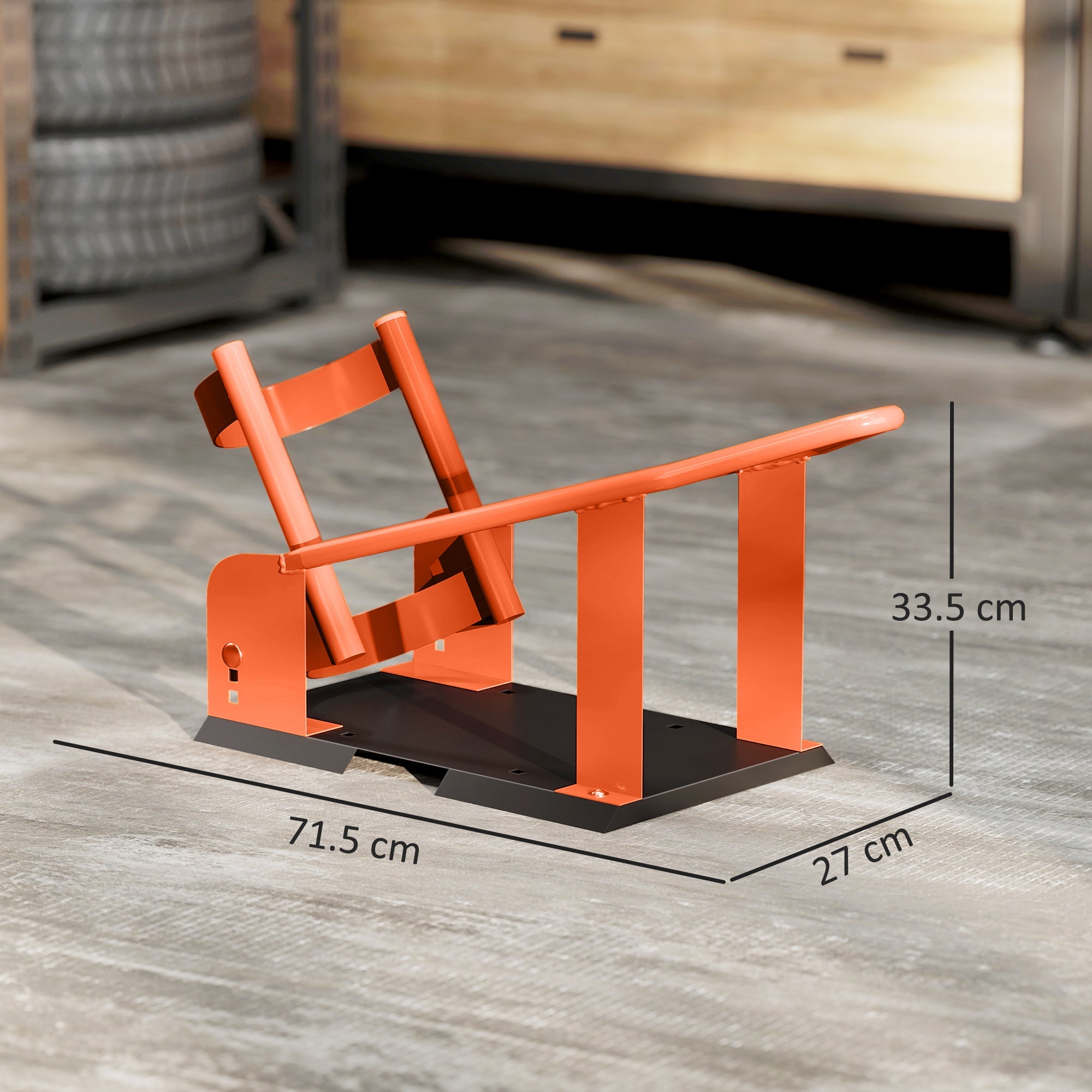 Orange metal motorcycle wheel chock with black base made of heavy duty steel and adjustable height holes for stability
