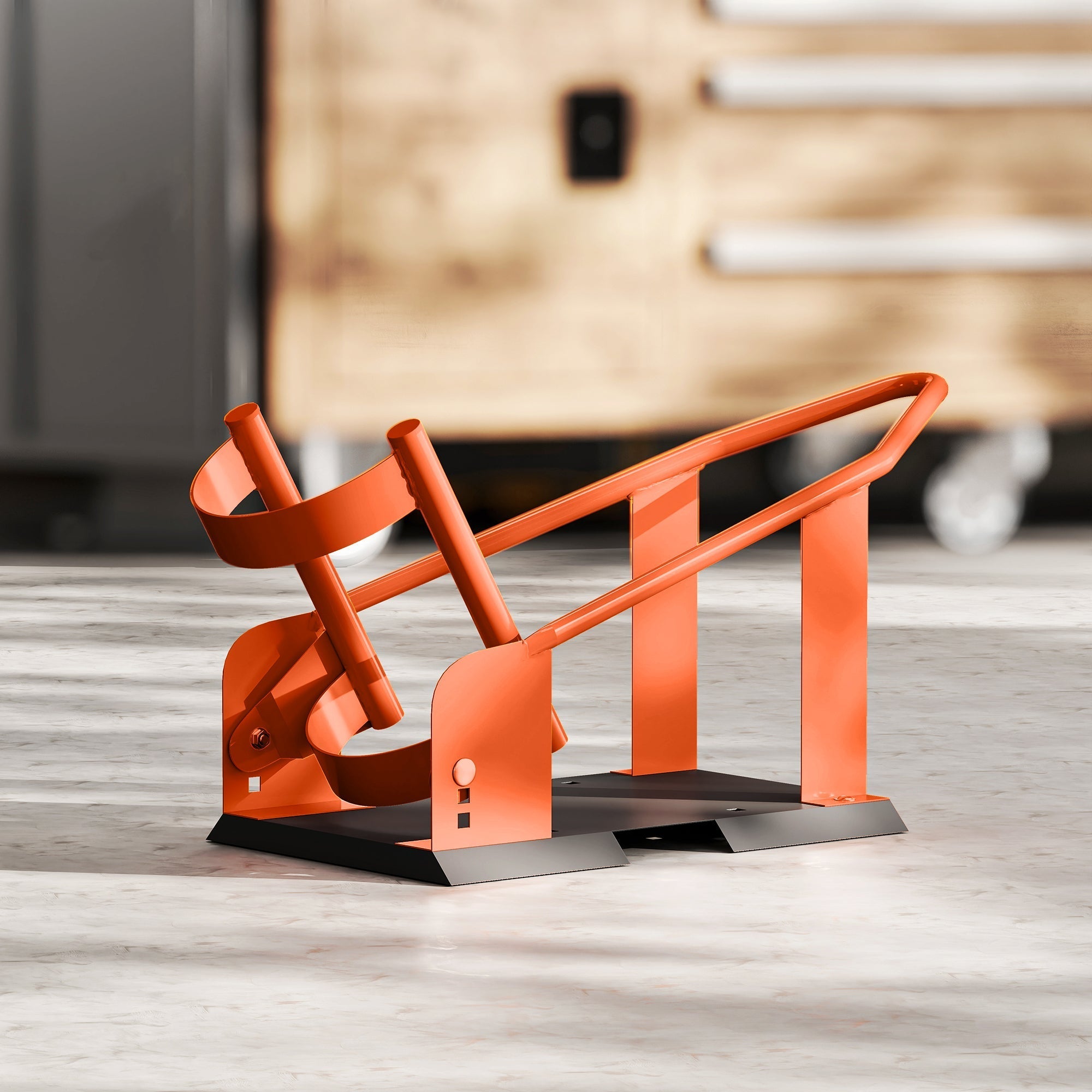 Orange metal motorcycle wheel chock with black base made of heavy duty steel and adjustable height holes for secure wheel hold