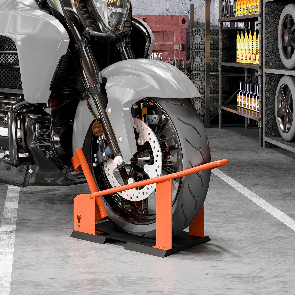 Orange metal motorcycle wheel chock with black rubber feet heavy duty steel holder fits 381-533 mm wheels