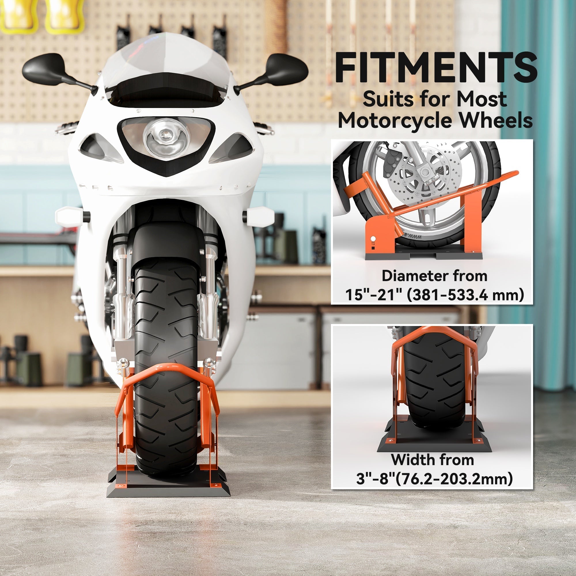 Orange homcom motorcycle wheel chock with heavy duty steel frame black rubber base and adjustable metal arms