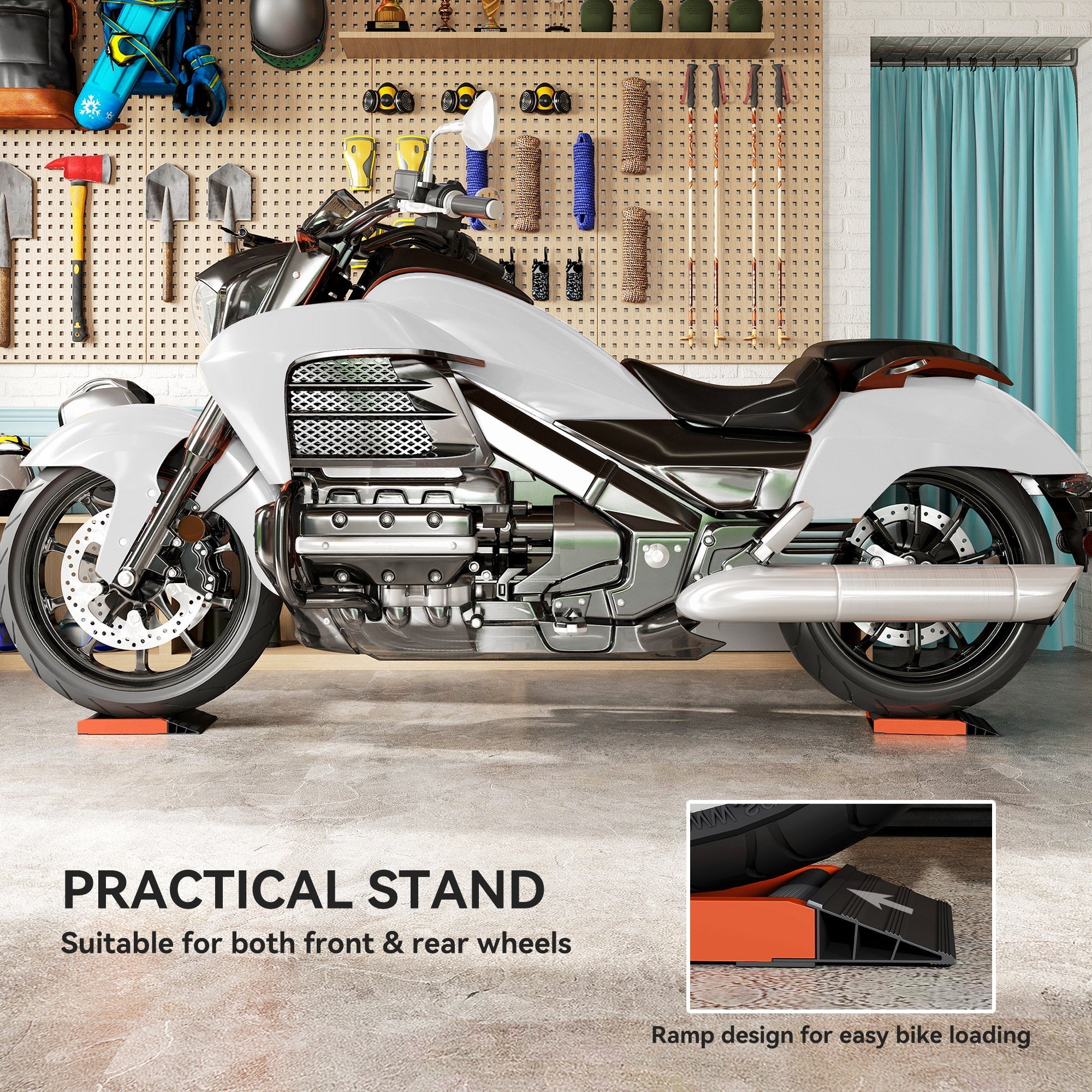 White and black honda gold wing motorcycle with chrome engine on black aluminium alloy frame wheel cleaning roller stand