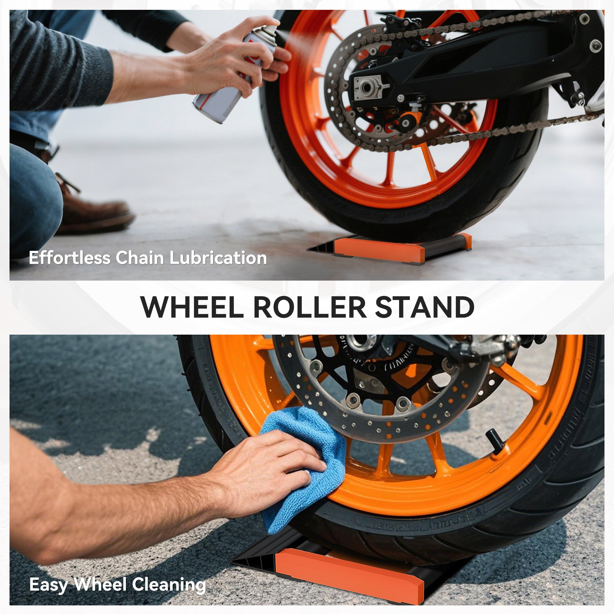 Orange plastic motorcycle wheel roller stand with aluminium alloy frame for tyre cleaning and chain lubrication