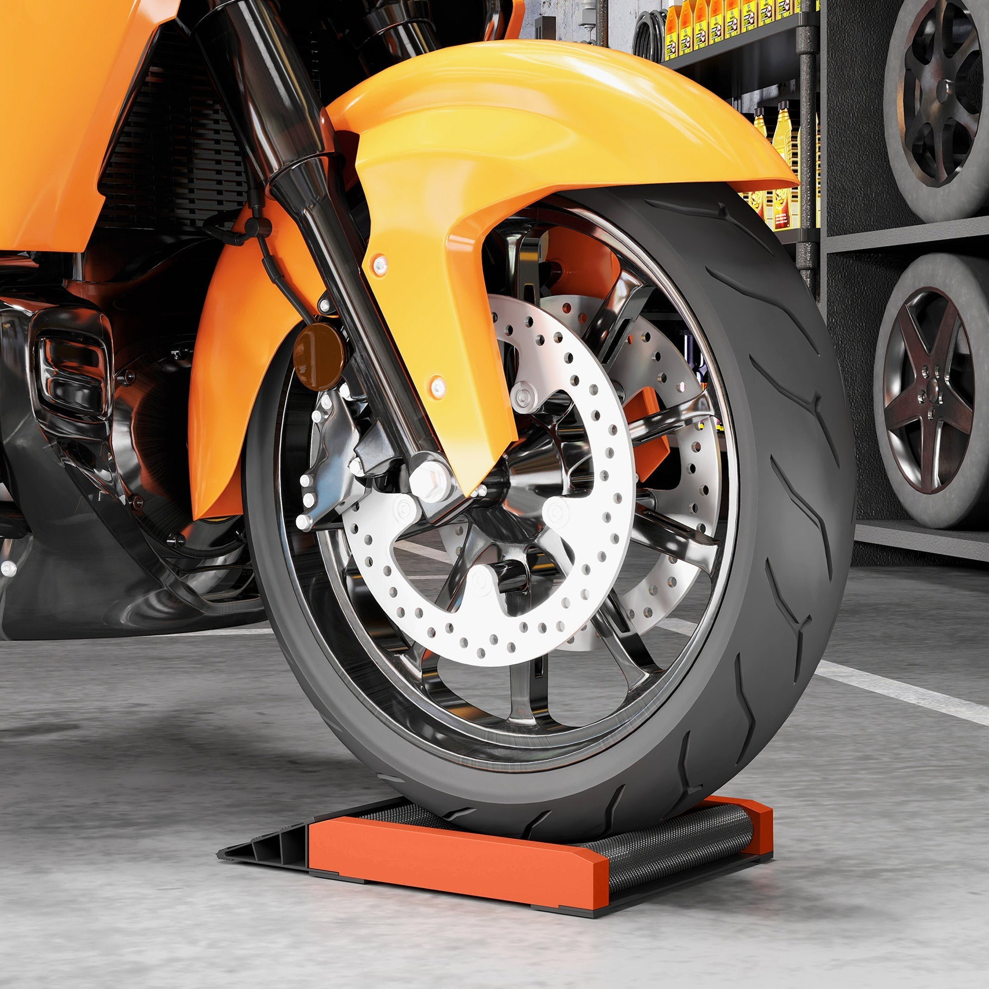 Orange and black motorcycle wheel chock with aluminium alloy frame designed for tyre cleaning and chain lubrication