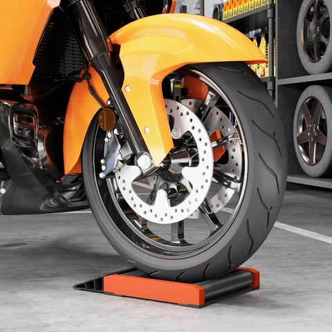 Orange and black motorcycle wheel chock with aluminium alloy frame designed for tyre cleaning and chain lubrication