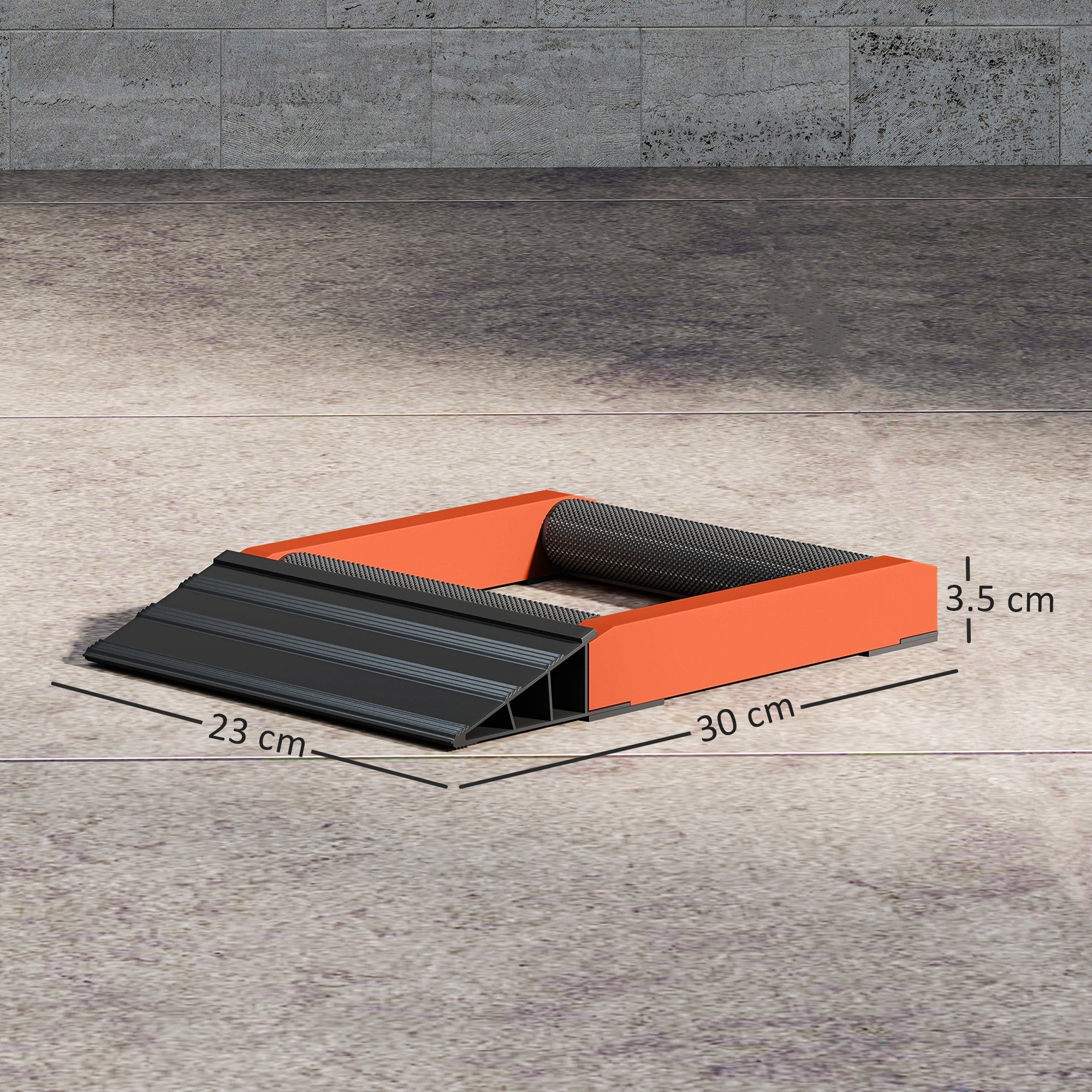 Orange and black rubber threshold ramp with textured grip surface for motorcycle wheel maintenance with aluminium alloy frame