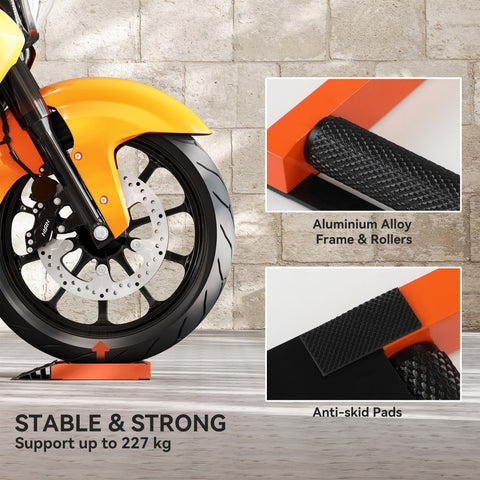 Orange aluminium alloy motorcycle wheel stand with aluminium alloy frame and black anti-skid pads for tyre cleaning