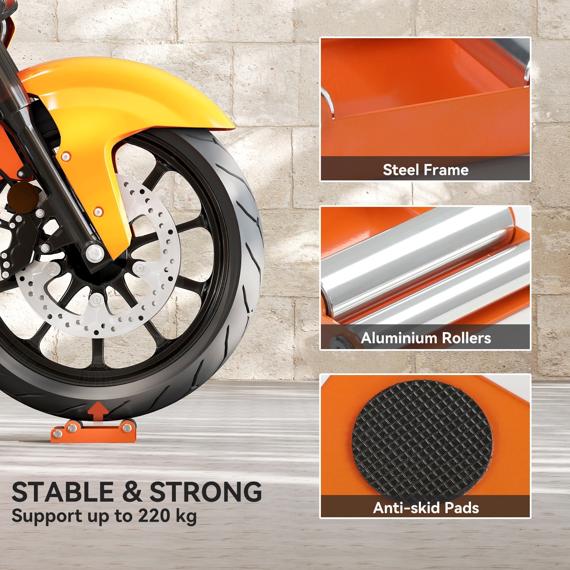 Orange steel and aluminum motorcycle wheel roller stand with steel frame and anti-skid pads for tyre cleaning