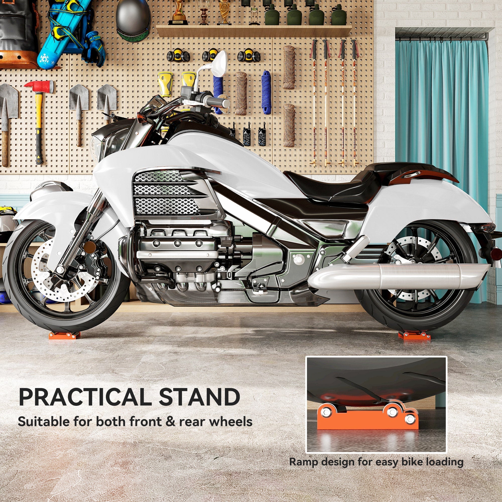 White and black honda gold wing motorcycle on orange homcom roller stand with steel frame for motorcycle wheel cleaning