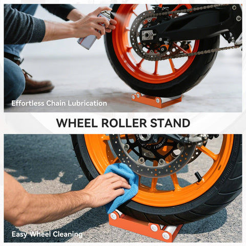 Orange homcom motorcycle wheel roller stand with steel frame and white aluminium rollers for tyre cleaning and maintenance