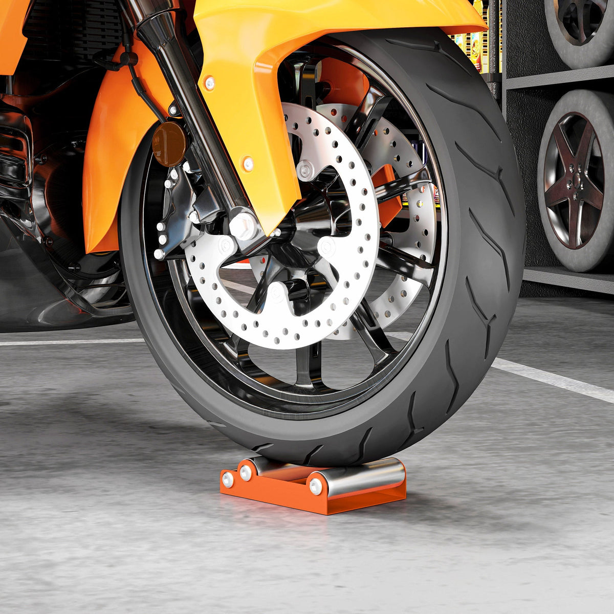 Orange and silver motorcycle wheel roller stand with steel frame and aluminium rollers for tyre cleaning and maintenance