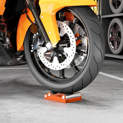 Orange and silver motorcycle wheel roller stand with steel frame and aluminium rollers for tyre cleaning and maintenance