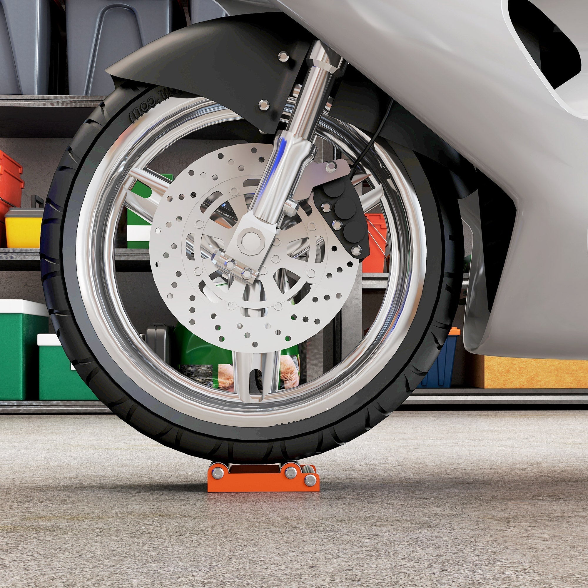 Orange metal wheel chock under motorcycle tire on homcom roller stand with steel frame for wheel cleaning and maintenance