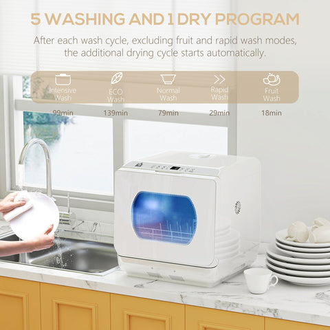 White compact tabletop dishwasher with blue glass door, digital control panel, bowl rack, and drain hose by HOMCOM