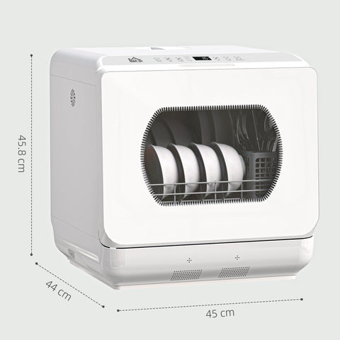 White tabletop dishwasher with sleek oval glass door showing bowl rack of neatly stacked white plates and drain hose