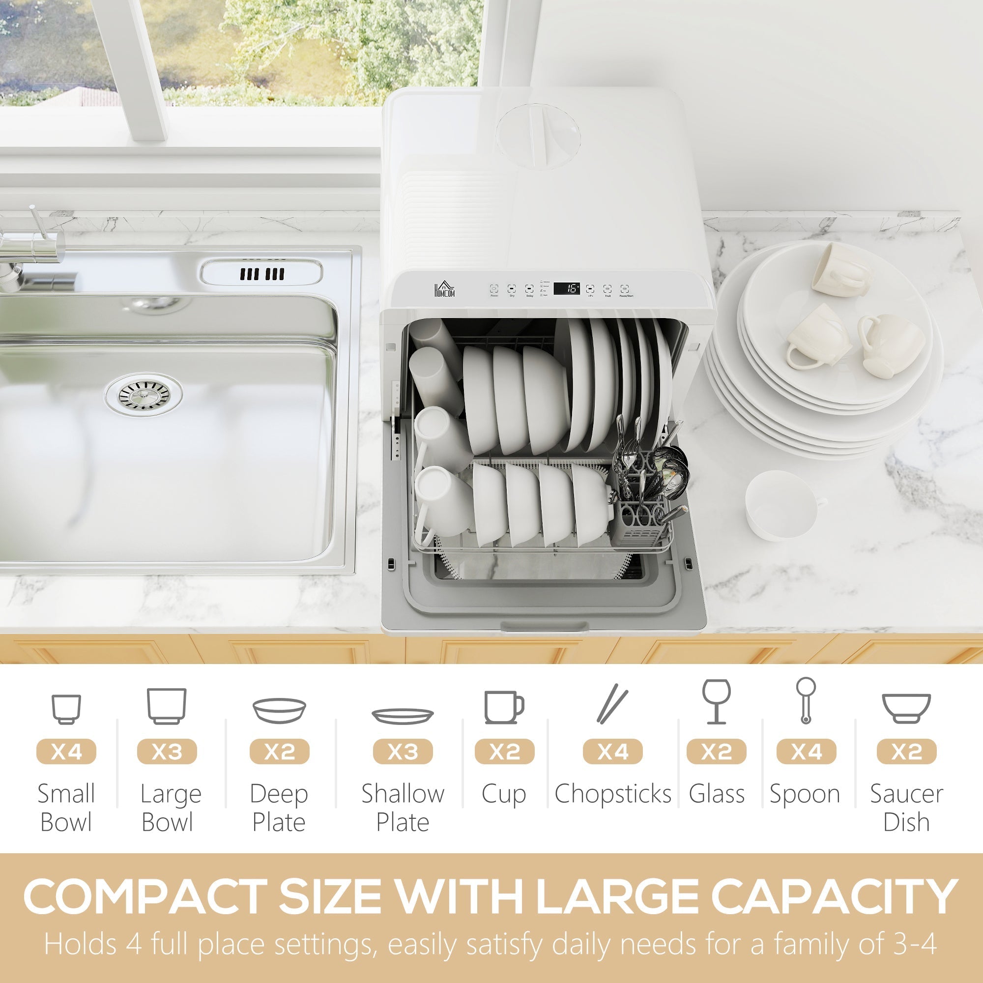 White tabletop dishwasher homcom with digital control panel spacious interior and bowl rack includes drain hose for easy setup